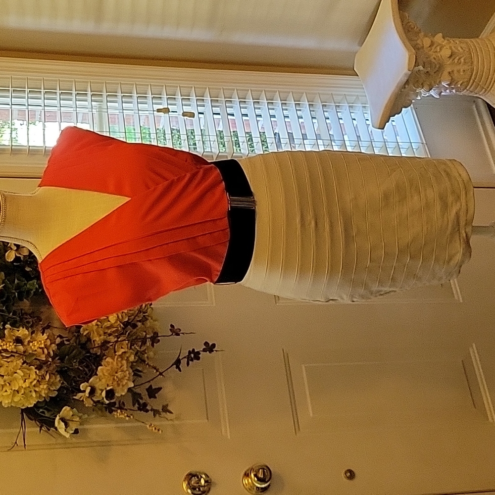 Express orange cream stretch dress black belt sleeve crossover Vneck Small EUC…